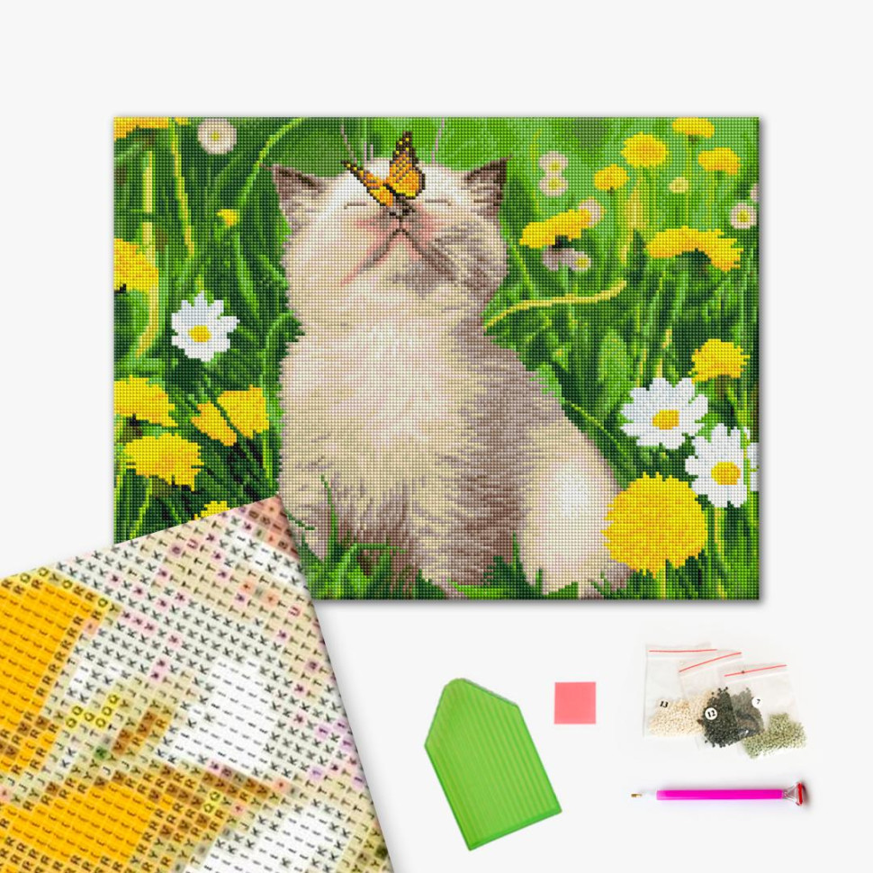 Алмазная мозаика Котик с бабочкой на носу (GF5439) Brushme 40х50 см