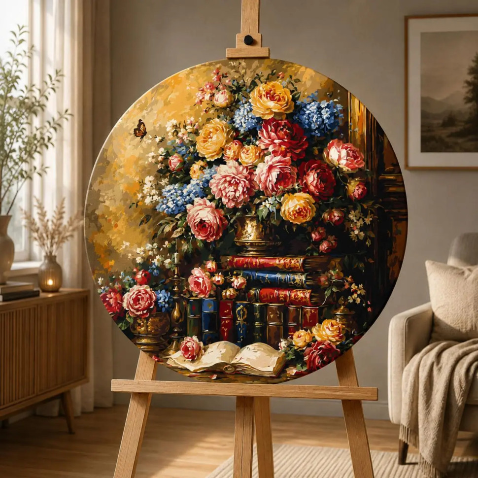 Круглая картина по номерам Ø50 см Цветы. Книжная полка с розами © Оригами OR 2031