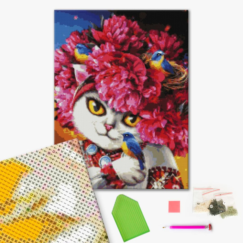Алмазная мозаика Цветущая кошка (DBS1035) Brushme 40х50 см