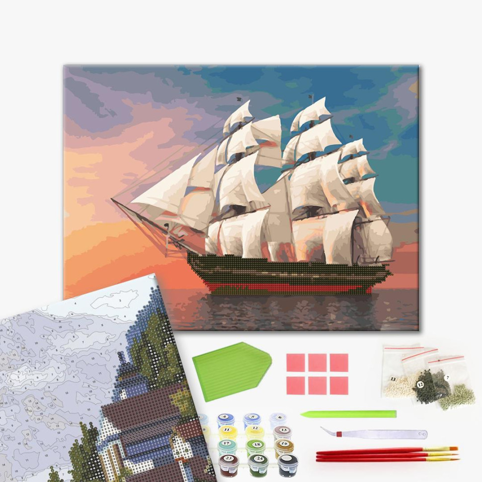 Алмазная мозаика картина-раскраска Парусник на рассвете (GZS1190) Brushme 40x50 см