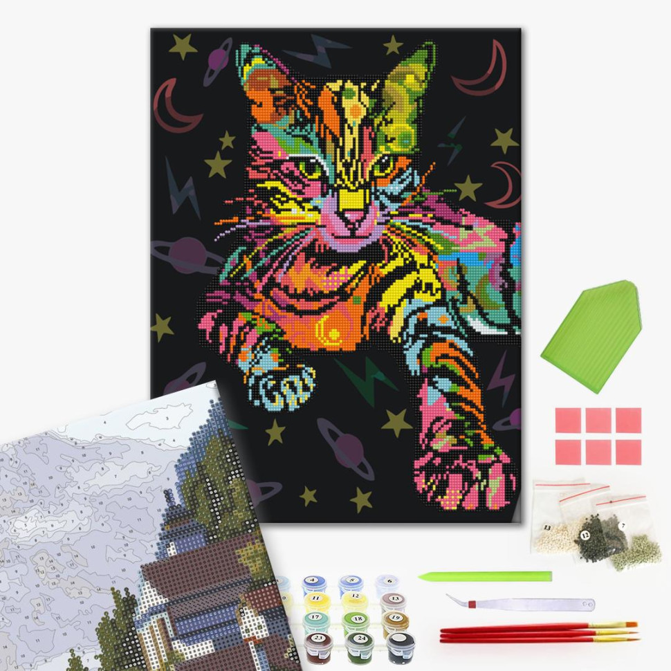 Алмазная мозаика картина-раскраска Неоновая кошка (GZS1186) Brushme 40x50 см