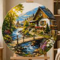 Круглая картина по номерам Ø50 см Пейзаж. Альпийский дом © Оригами OR 2065