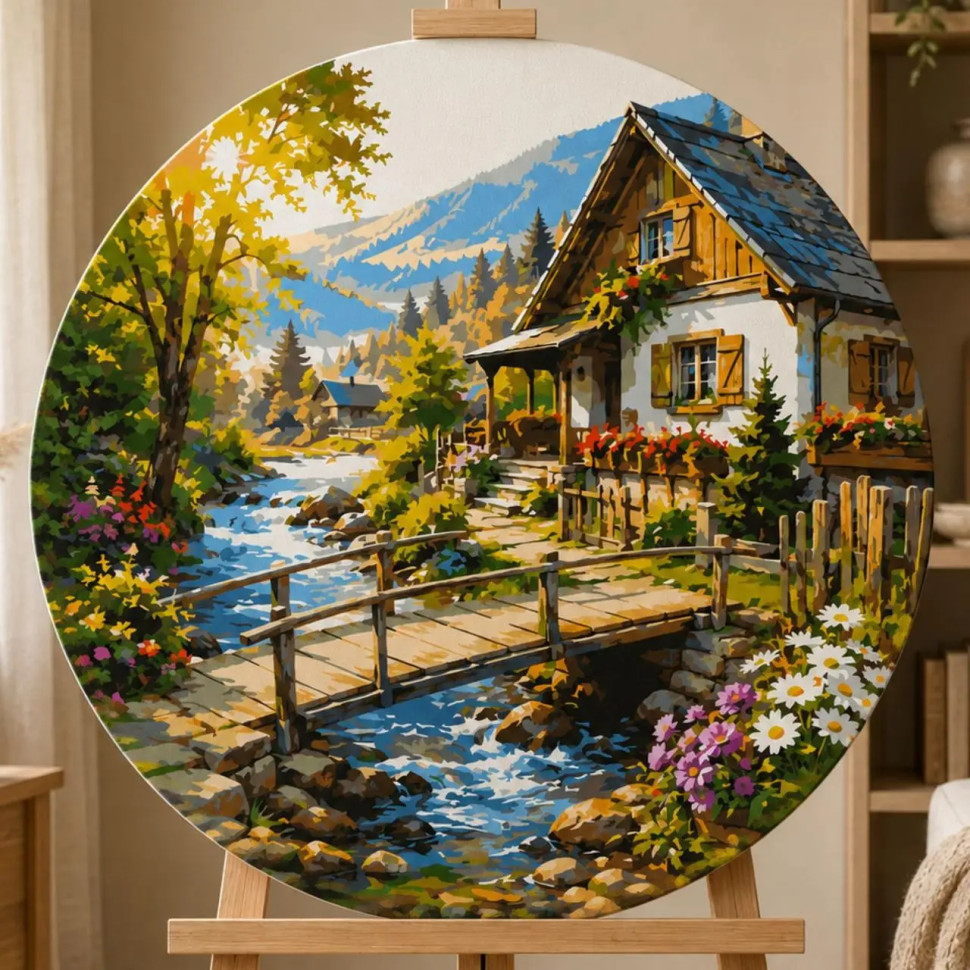 Круглая картина по номерам Ø50 см Пейзаж. Альпийский дом © Оригами OR 2065